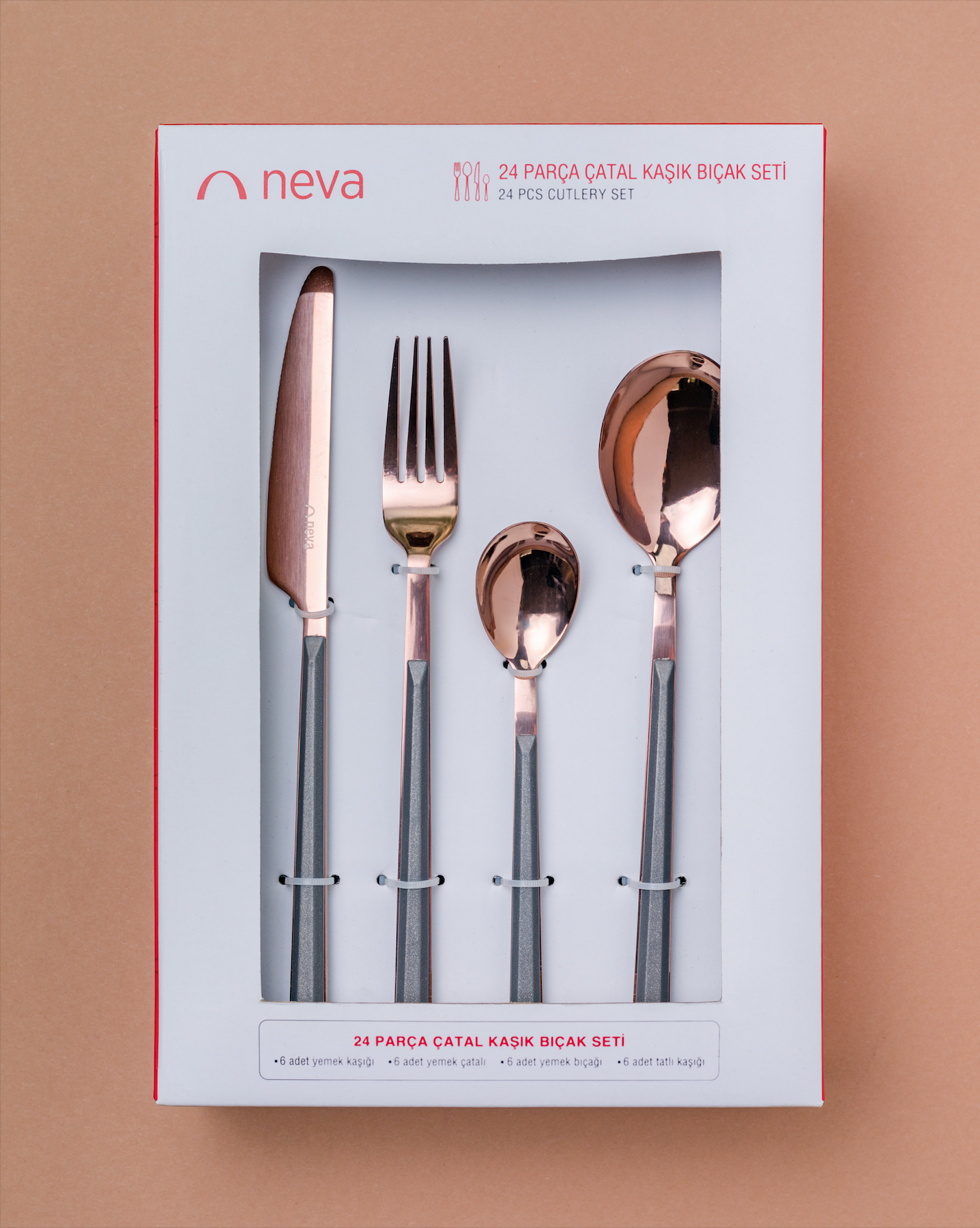 Rose-Gold Cutlery set in grey (24 pcs)